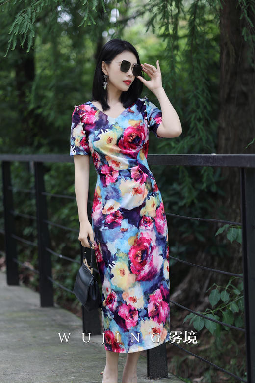 【雾境定制款】 桃花树开原创花色优雅女人味修身显瘦可拆卸袖子两穿 连衣裙 3022147 商品图2