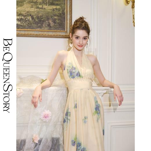 BeQueenStory【月光水仙】轻奢印花收腰串珠挂脖连衣裙2023夏季 商品图3