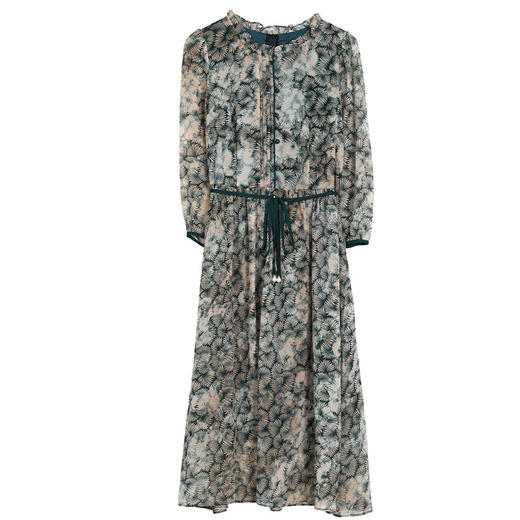 DD-印花连衣裙女2023夏季新款时尚洋气圆领优雅减龄系带显瘦中长裙潮 商品图4