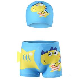 儿童泳衣泳裤泳帽浅蓝色黄色套装男童孩宝宝卡通恐龙小中大童印花平角游泳裤1套