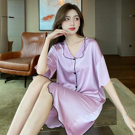 网红直播睡裙女士，夏季薄款 冰丝短袖衬衫睡衣，夏天凉感真丝绸家居服；轻盈舒适，吸湿透气，让你一夜好眠，夏季专属，无与伦比的睡眠质量！ 商品图3