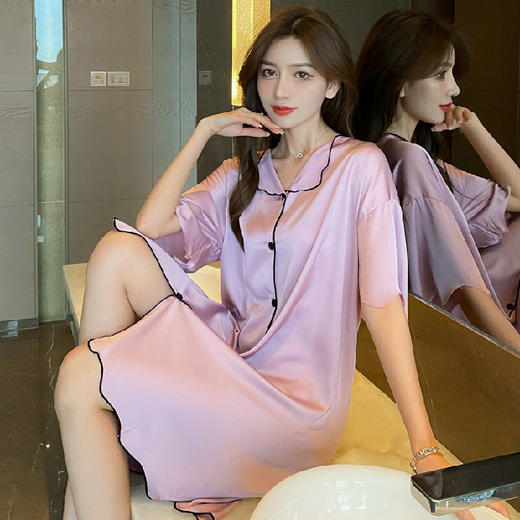 网红直播睡裙女士，夏季薄款 冰丝短袖衬衫睡衣，夏天凉感真丝绸家居服；轻盈舒适，吸湿透气，让你一夜好眠，夏季专属，无与伦比的睡眠质量！ 商品图4