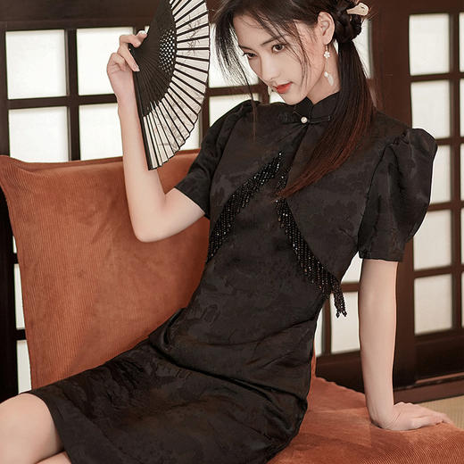 时尚洋气，黑色现代改良旗袍夏新款连衣裙炫酷风走秀主持礼服GSJ2365 商品图3