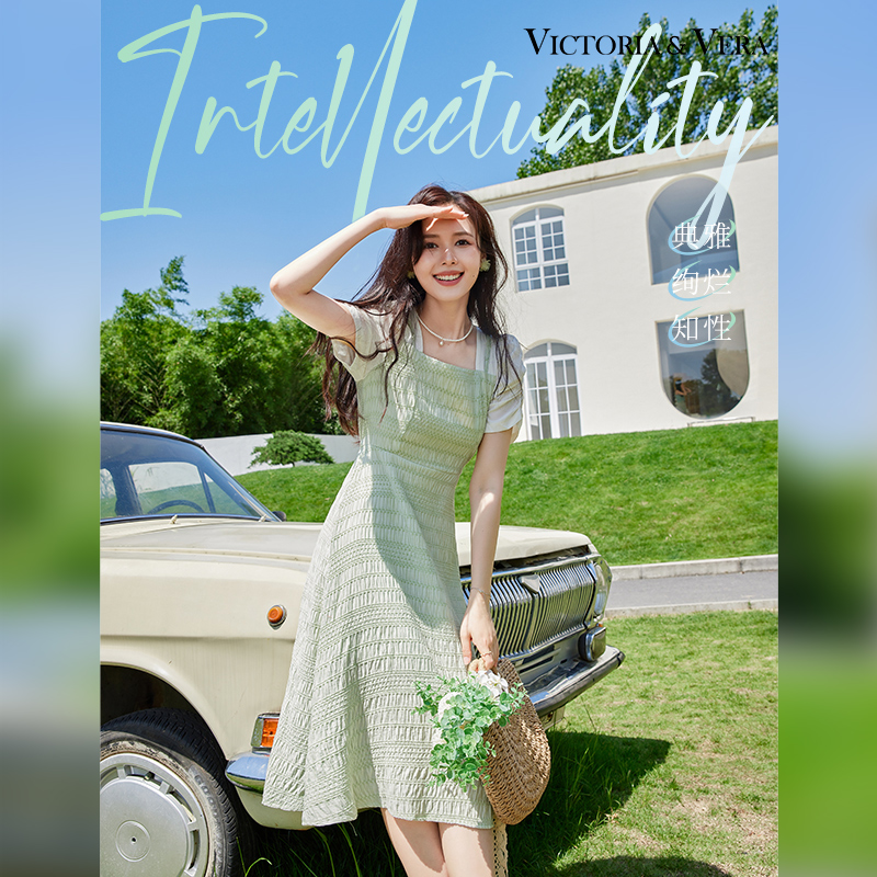 VICTORIA&VERA夏季新款法式茶歇方领气质温柔森系甜美绿色褶皱假两件连衣裙