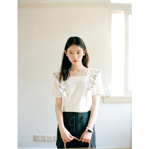 Even Vintage| 重工绣花 原创设计法式方领上衣精致飞袖修身衬衫 商品图2