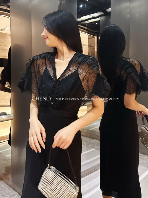 CHENLY 进口蕾丝拼接收腰连衣裙 商品图0