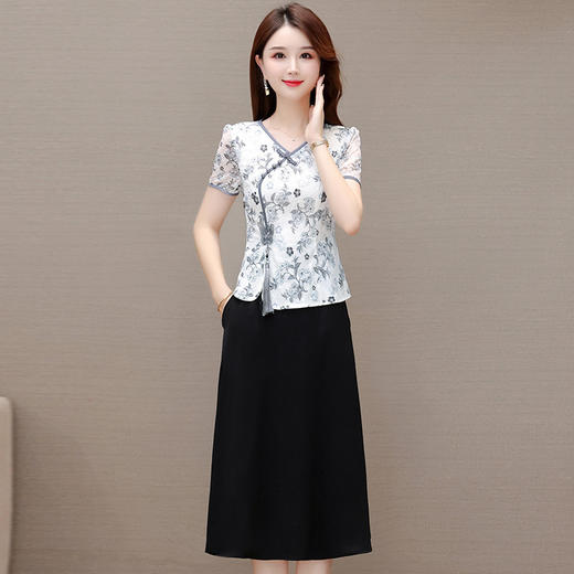 夏季新款，拼接印花裙假两件中长款A字裙妈妈装网纱裙复古旗袍裙QYM-KED-H1207-Y 商品图5
