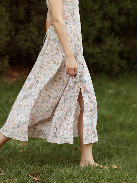 HeyDress法式油画印花吊带连衣裙女夏季复古高腰气质天丝碎花裙子 商品图0