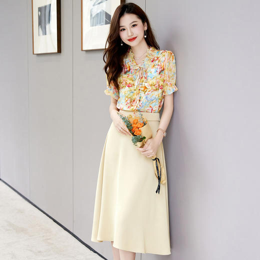 新中式花边领印花立体衬衣搭配高腰显瘦A字半身裙套装HR-WHA628-69 商品图0