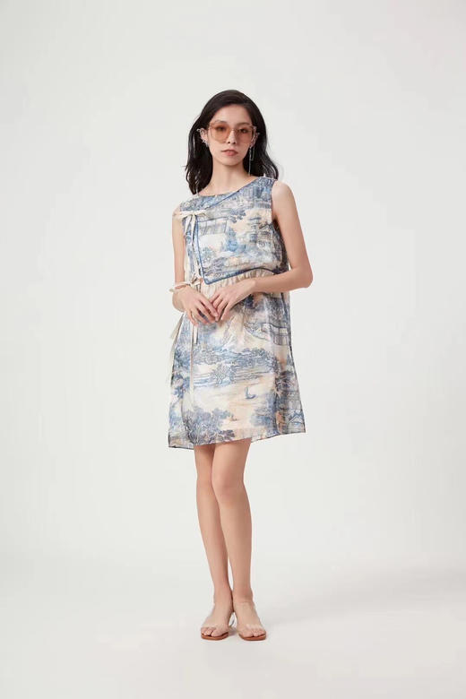 杏色东西方花园幻境印花不规则飘带连衣裙 商品图2