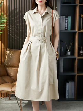 U84534-1YX【现货7天】短袖连衣裙女中长款2024春夏新款小个子显瘦洋气过膝a字裙子