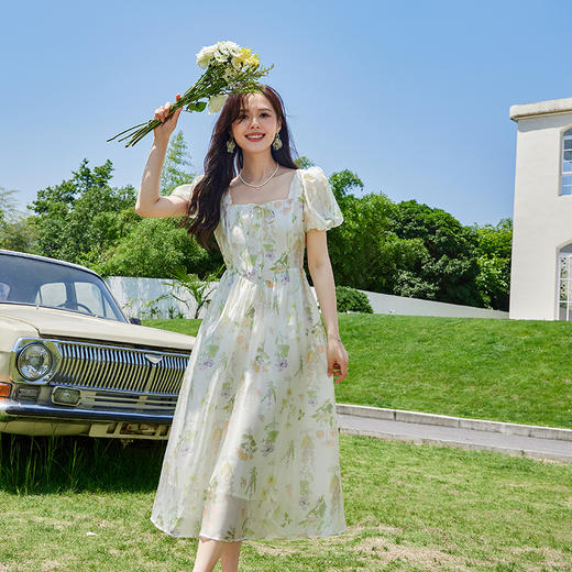 VICTORIA&VERA夏季新款法式复古长款碎花设计感仿缎面连衣裙 商品图5