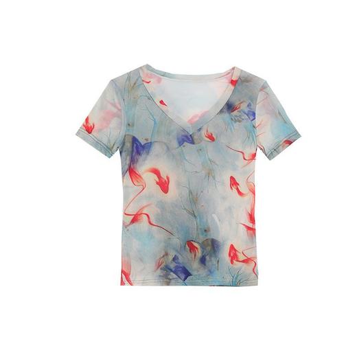 夏新款时尚，V领短袖T恤遮肉显瘦舒适透气洋气打底小衫上衣KQL-301H9371 商品图4