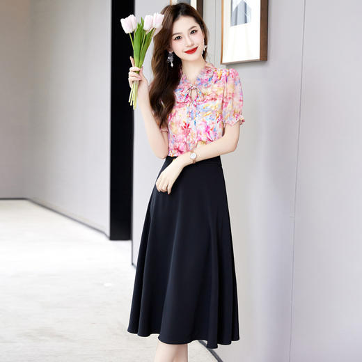 新中式花边领印花立体衬衣搭配高腰显瘦A字半身裙套装HR-WHA628-69 商品图1