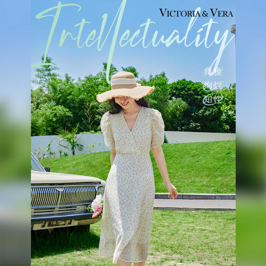 VICTORIA&VERA夏季新款韩系V领褶皱泡泡袖高腰显瘦碎花中长款连衣裙 商品图0