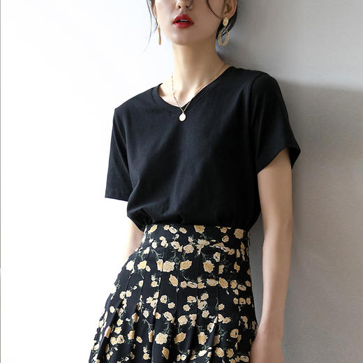 230g精细纯棉V领短袖t恤女宽松百搭显瘦韩版2023夏新款打底衫上衣_HLY 商品图2