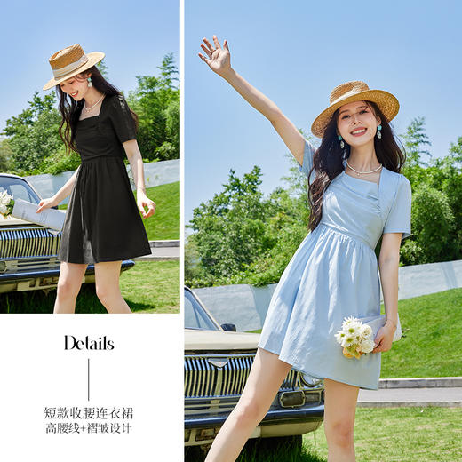 VICTORIA&VERA夏季新款茶歇法式初恋复古温柔风气质方领短款收腰连衣裙 商品图1