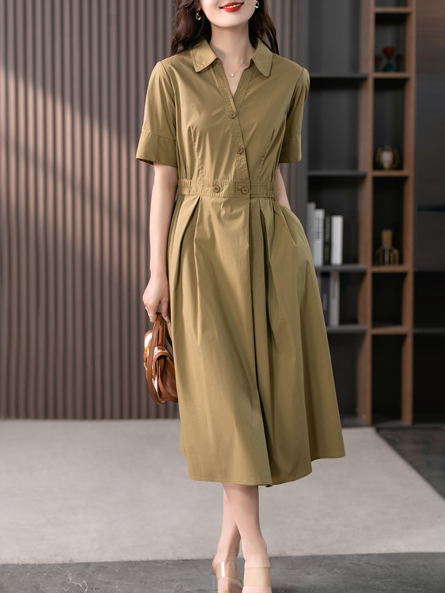 YX【现货7天】高级感V领连衣裙女中长款2024夏季新款韩版高腰显瘦衬衫长裙