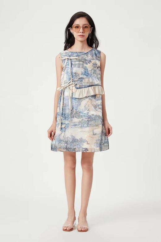 杏色东西方花园幻境印花不规则飘带连衣裙 商品图1