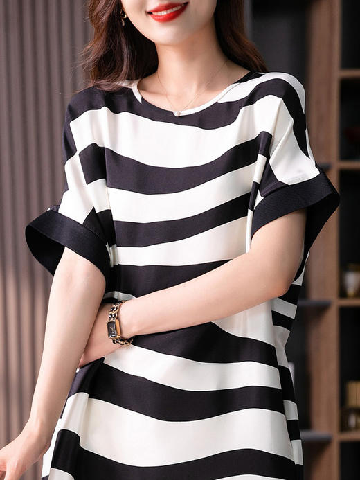 YX【现货7天】重磅真丝条纹连衣裙女2024夏季新款设计感宽松显瘦桑蚕丝长裙 商品图2