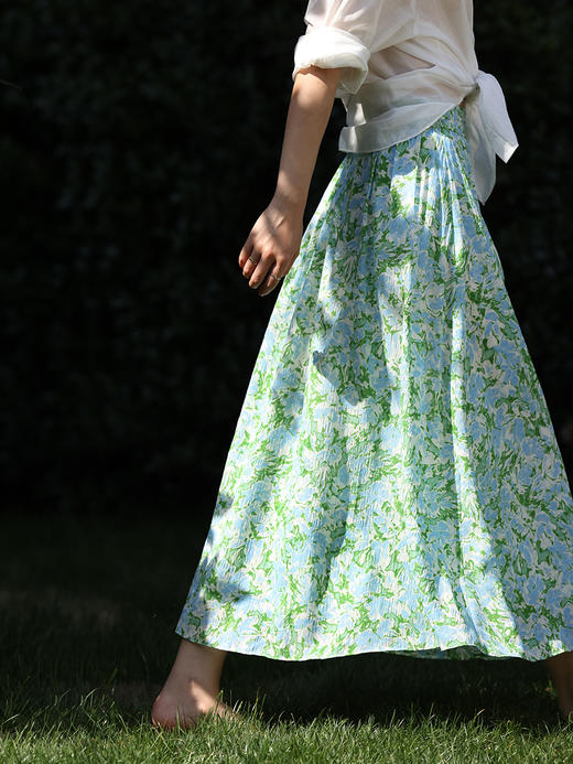 HeyDress法式碎花半身裙女夏季高腰显瘦伞摆半裙绿色印花浪漫裙子 商品图1