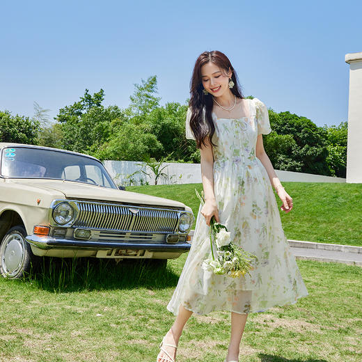 VICTORIA&VERA夏季新款法式复古长款碎花设计感仿缎面连衣裙 商品图4