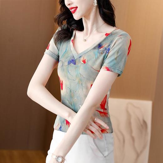 夏新款时尚，V领短袖T恤遮肉显瘦舒适透气洋气打底小衫上衣KQL-301H9371 商品图2