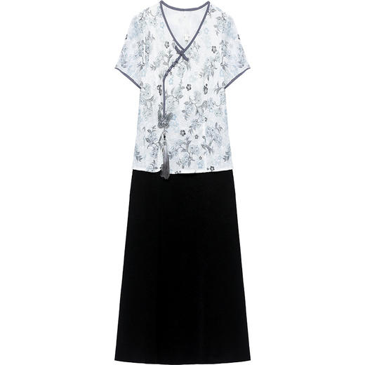 夏季新款，拼接印花裙假两件中长款A字裙妈妈装网纱裙复古旗袍裙QYM-KED-H1207-Y 商品图4