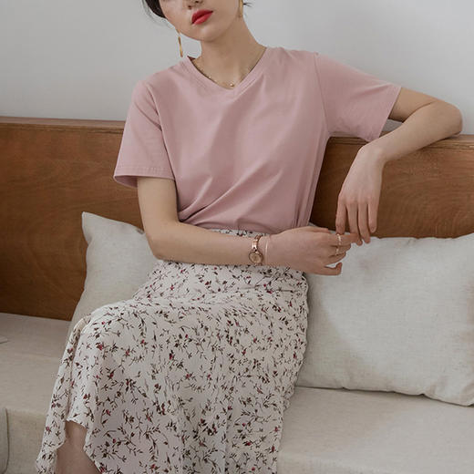 230g精细纯棉V领短袖t恤女宽松百搭显瘦韩版2023夏新款打底衫上衣_HLY 商品图8
