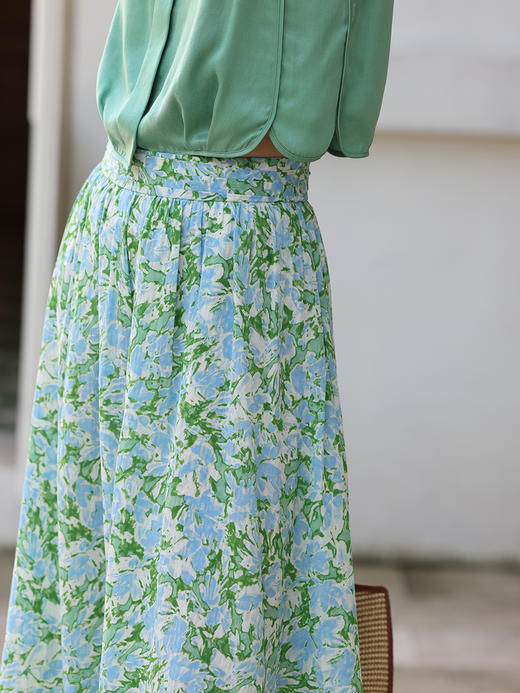 HeyDress法式碎花半身裙女夏季高腰显瘦伞摆半裙绿色印花浪漫裙子 商品图3