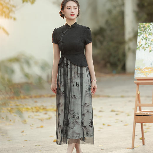 复古个性印花网纱裙两件套旗袍BS2806 商品图1