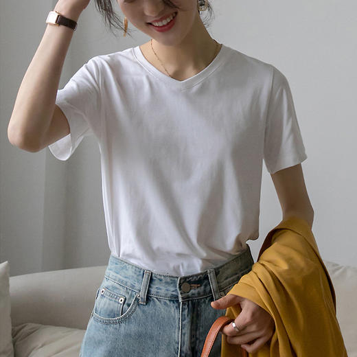 230g精细纯棉V领短袖t恤女宽松百搭显瘦韩版2023夏新款打底衫上衣_HLY 商品图1