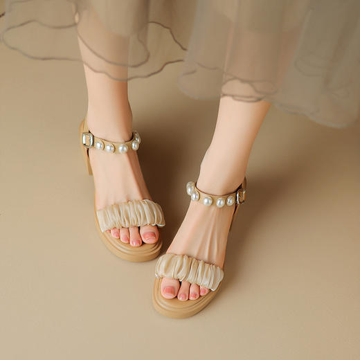 舒适百搭，轻里外全头层皮珍珠粗跟圆头露趾凉鞋ZYY-A439 商品图9