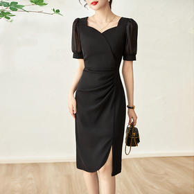 温柔风法式，气质淑女修身泡泡袖腰部褶皱下摆小开叉连衣裙WLZD-2303207