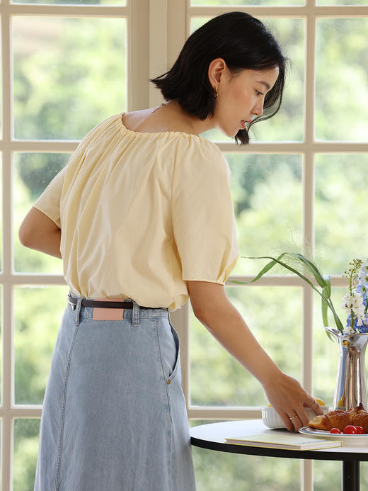 HeyDress法式圆领黄色衬衫女夏季复古宽松慵懒感小衫浪漫短袖上衣 商品图2