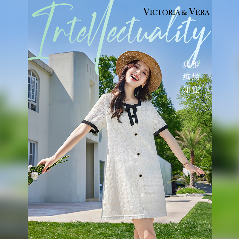 VICTORIA&VERA夏季新款小香风气质名媛方领显瘦蕾丝蝴蝶结连衣裙短裙