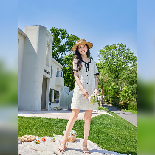 VICTORIA&VERA夏季新款小香风气质名媛方领显瘦蕾丝蝴蝶结连衣裙短裙 商品图6