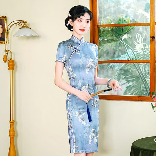 WX-D336真丝改良版复古中国风日常短款修身连衣裙少女 商品图3