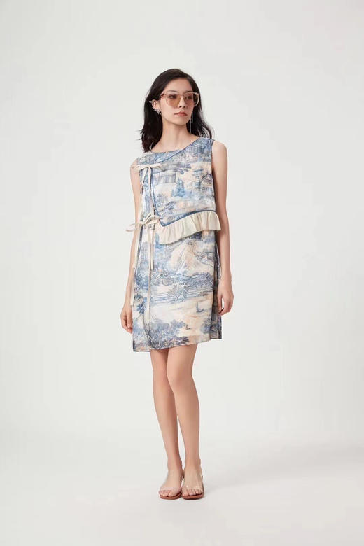 杏色东西方花园幻境印花不规则飘带连衣裙 商品图3