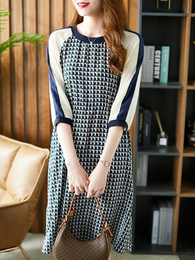 YX【现货7天】气质印花连衣裙女五分袖中长款2024春夏新款韩版显瘦收腰裙子