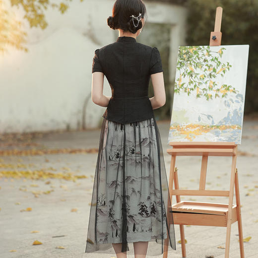 复古个性印花网纱裙两件套旗袍BS2806 商品图3