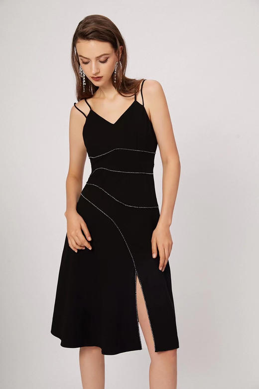 钻链分割进口醋酸黑色吊带修身连衣裙 商品图1