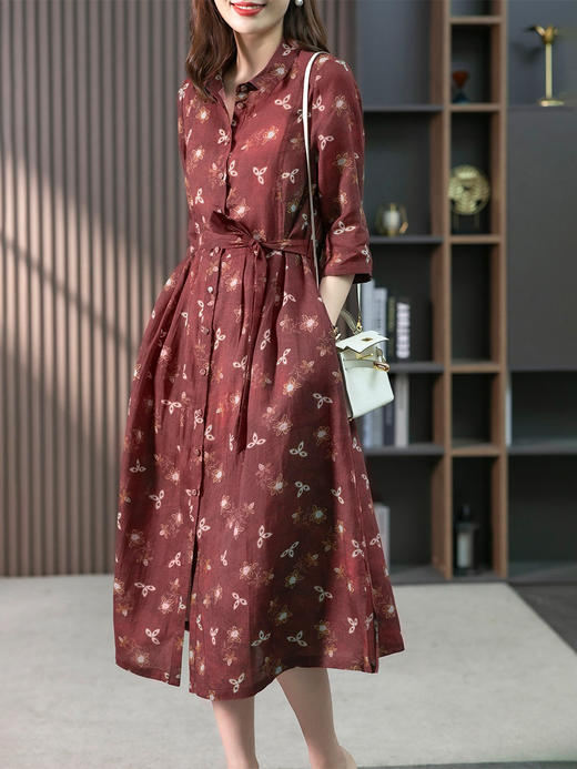 YX【现货7天】高端苎麻连衣裙女中长款韩版衬衫裙2024夏季新款法式碎花裙子 商品图3