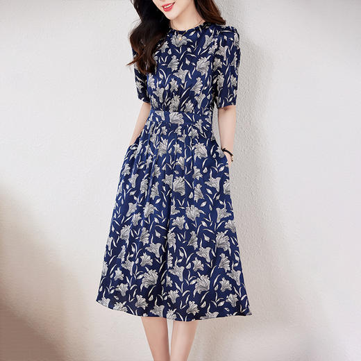 HR LQSM6228优雅气质碎花收腰显瘦真丝连衣裙 商品图3