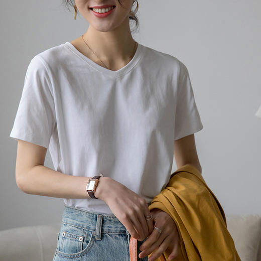 230g精细纯棉V领短袖t恤女宽松百搭显瘦韩版2023夏新款打底衫上衣_HLY 商品图6