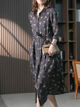 YX【现货7天】高端苎麻连衣裙女中长款韩版衬衫裙2024夏季新款法式碎花裙子