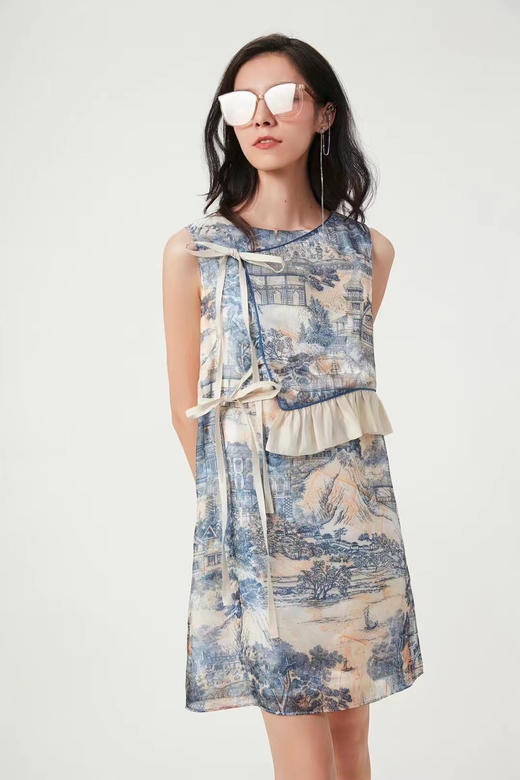 杏色东西方花园幻境印花不规则飘带连衣裙 商品图0