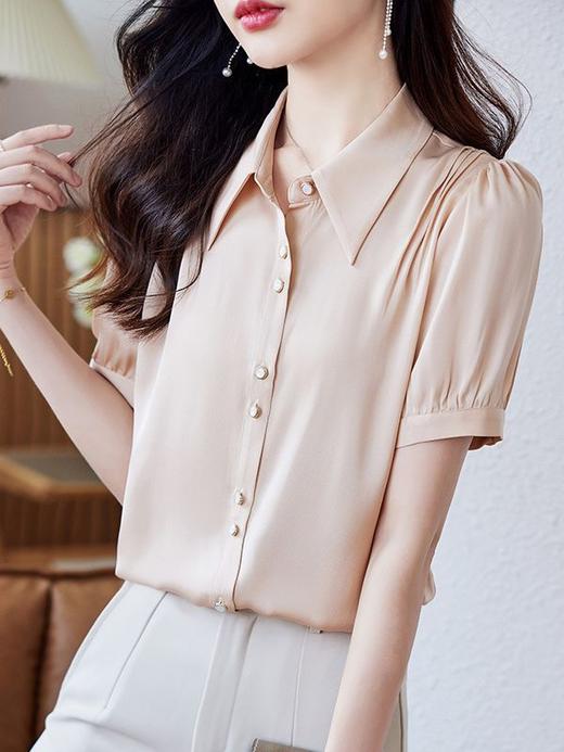 桑蚕丝短袖衬衫夏上新气质翻领优雅休闲设计感垂感上衣HR-WL61689 商品图2