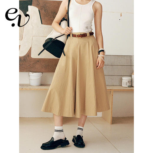 Even Vintage | 百搭高ji 高腰复古简约梨型大裙摆卡其色半身裙 商品图0