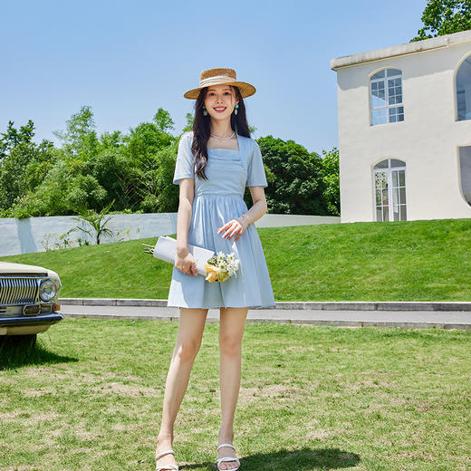 VICTORIA&VERA夏季新款茶歇法式初恋复古温柔风气质方领短款收腰连衣裙 商品图5